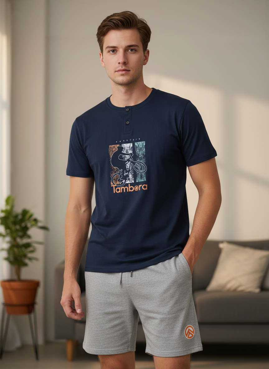 Men’s Navy Henley Neck T-Shirt & Gray Shorts Pajama Set