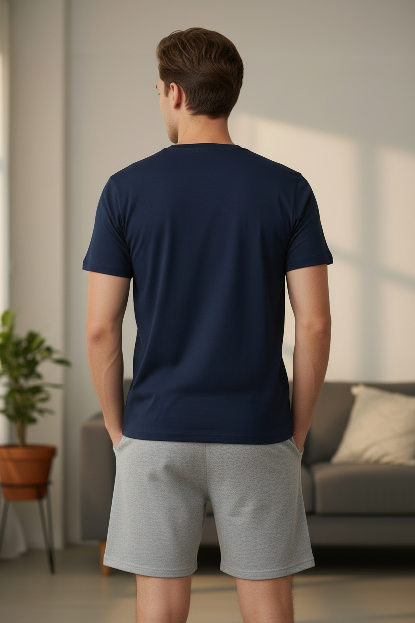 Men’s Navy Henley Neck T-Shirt & Gray Shorts Pajama Set