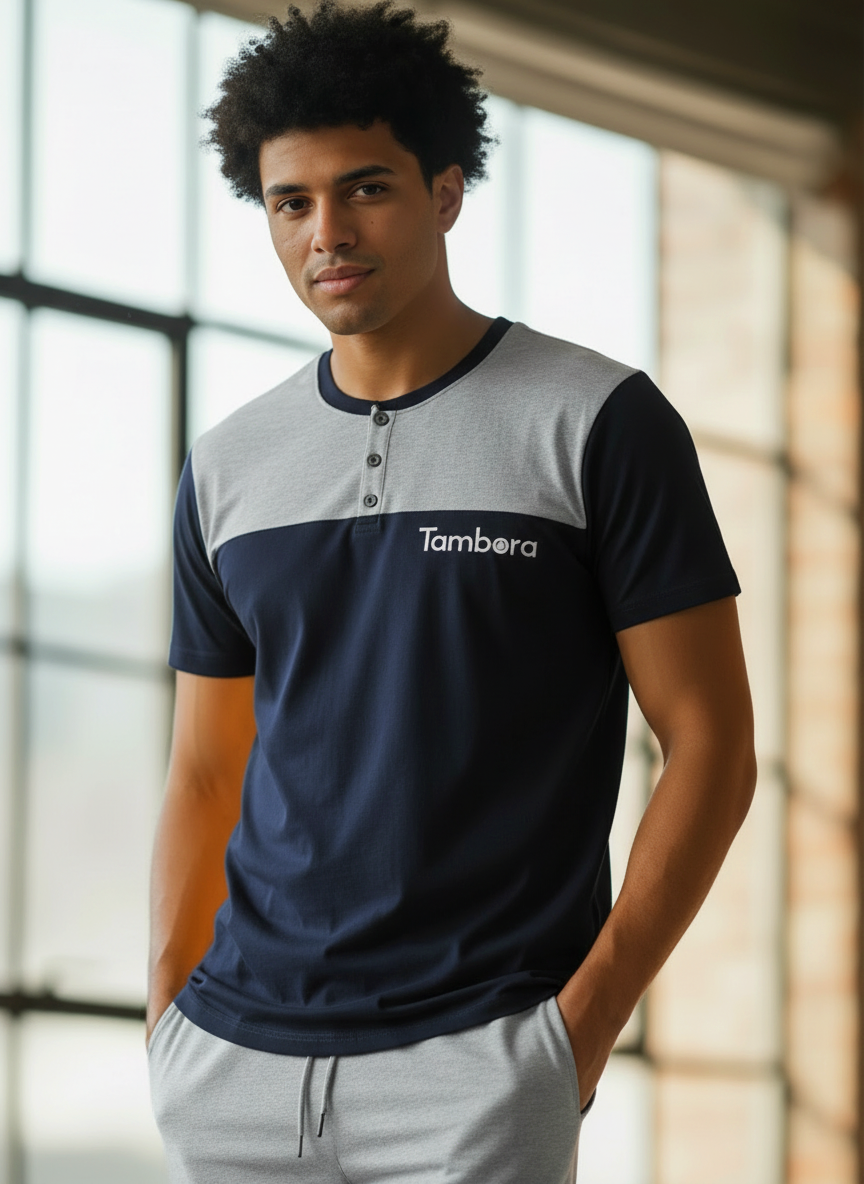 Men’s Navy Henley Neck T-Shirt & Gray Shorts Pajama Set