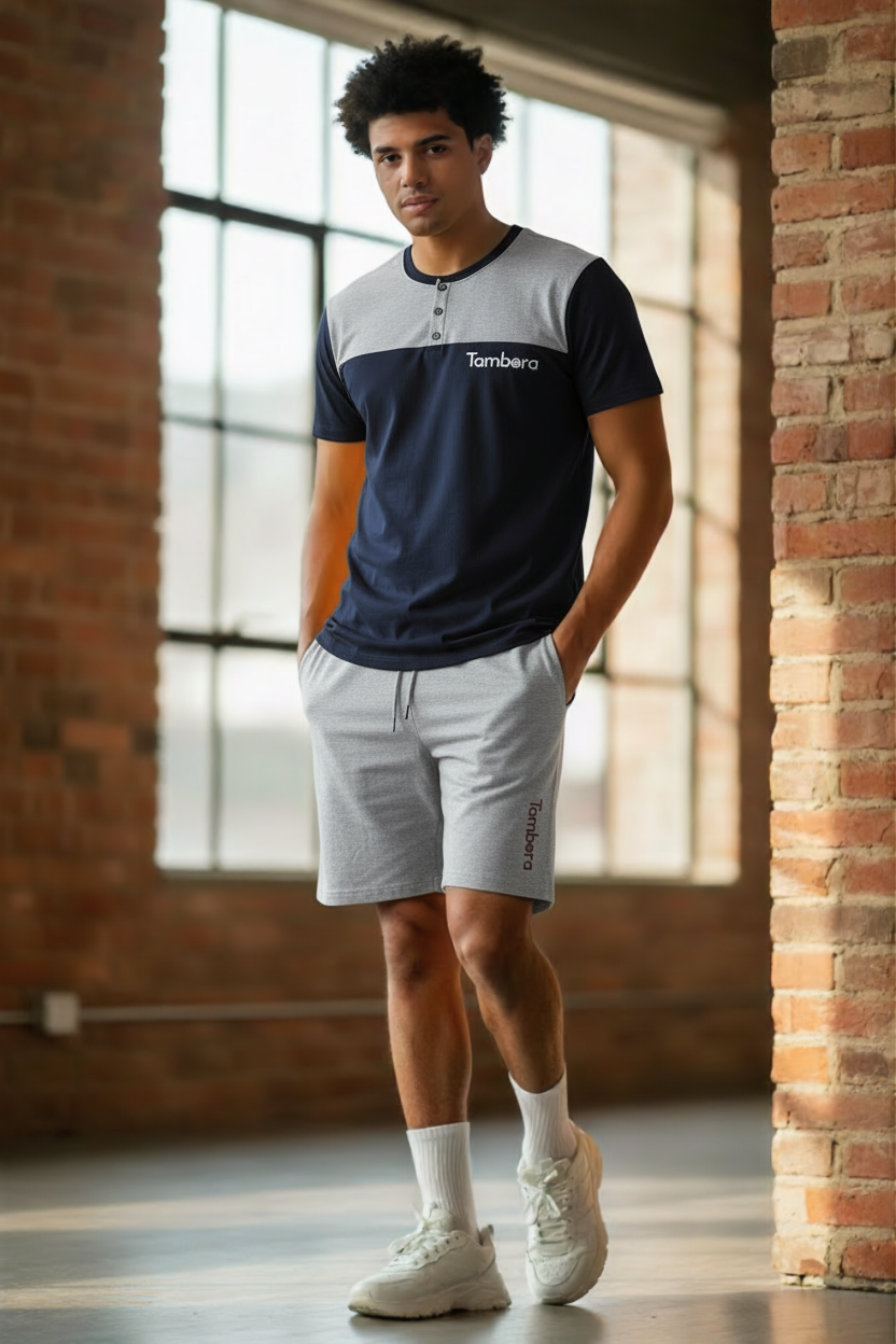 Men’s Navy Henley Neck T-Shirt & Gray Shorts Pajama Set