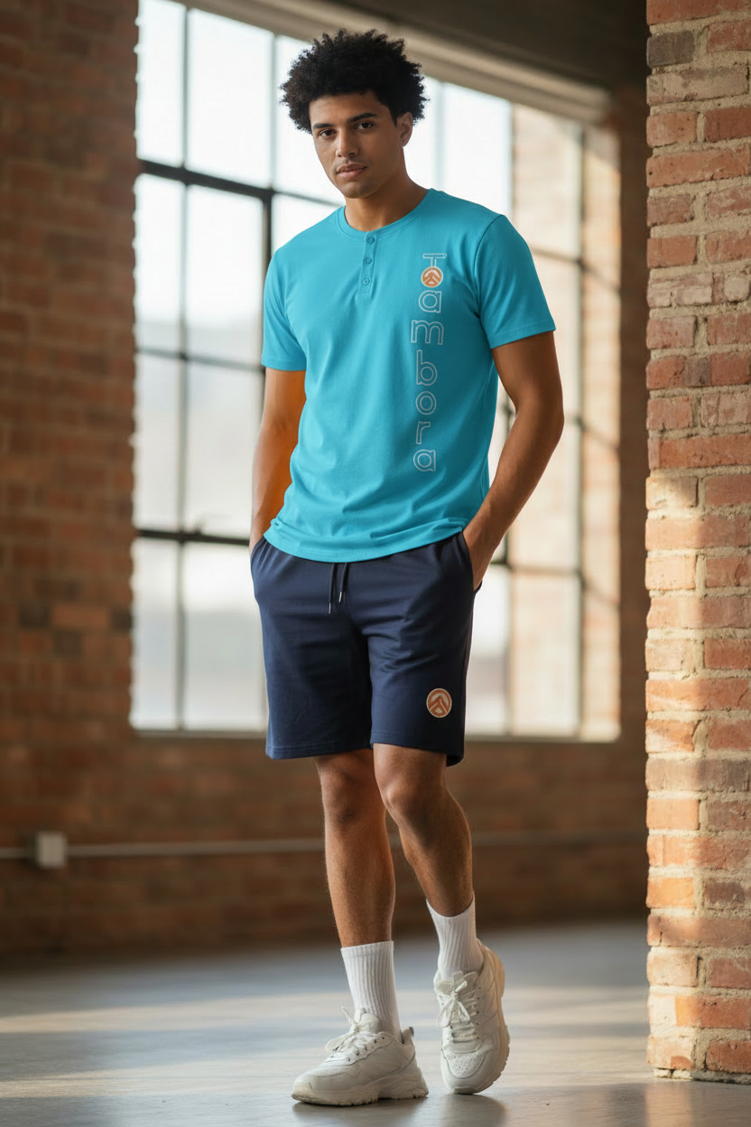 Men’s Blue Henley Neck T-Shirt & Navy Shorts Pajama Set