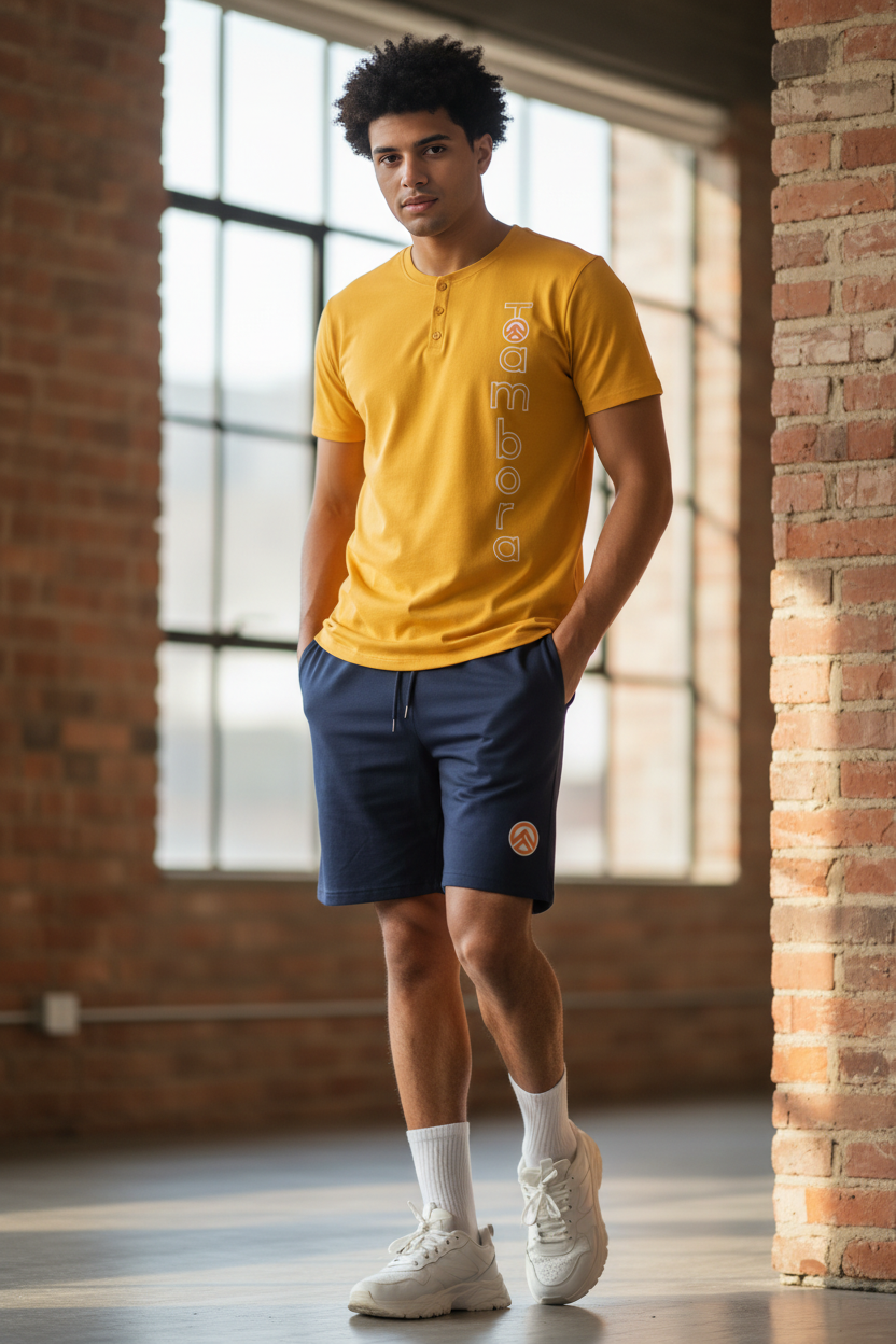 Men’s Yellow Henley Neck T-Shirt & Navy Shorts Pajama Set