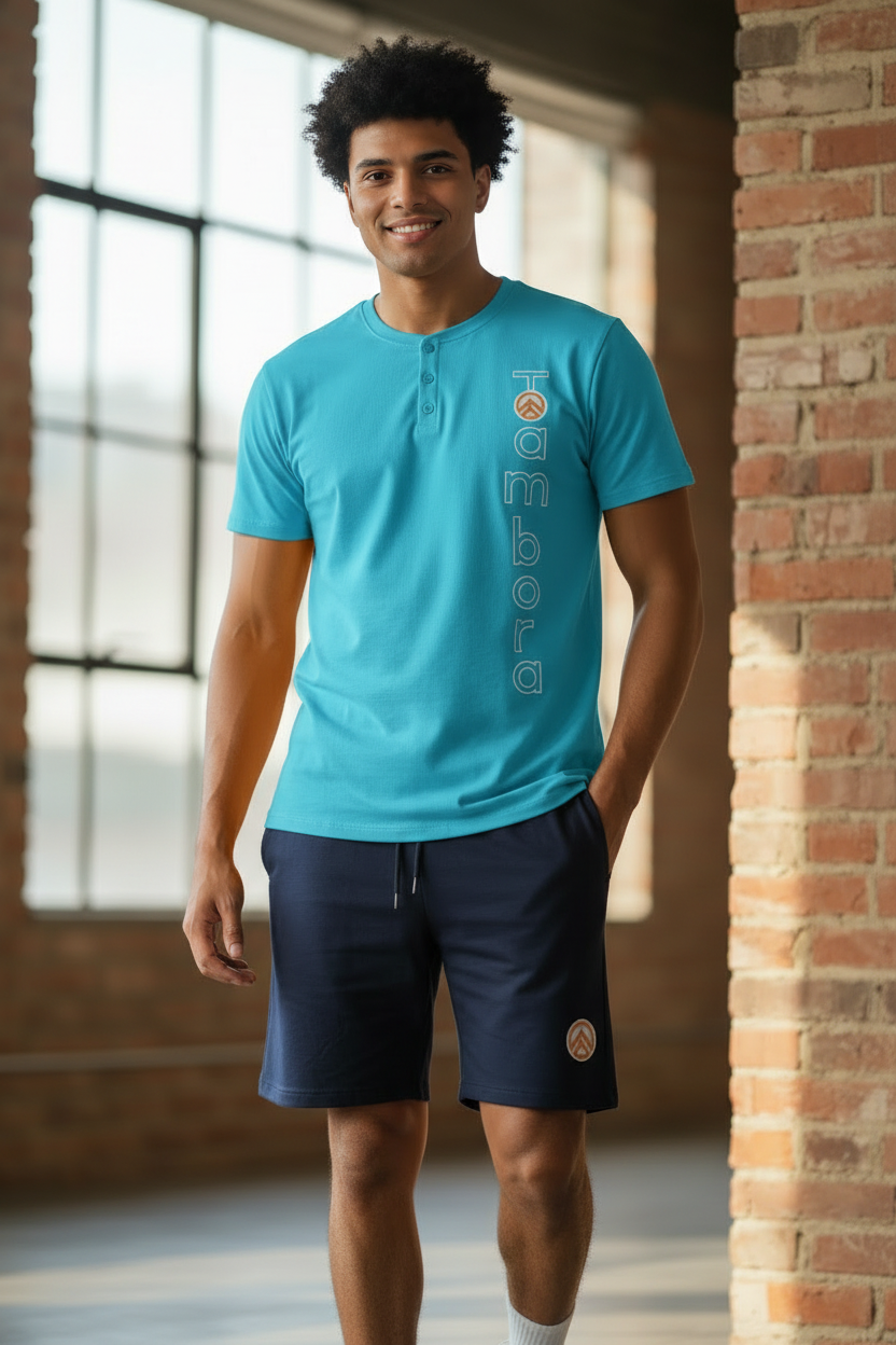 Men’s Blue Henley Neck T-Shirt & Navy Shorts Pajama Set