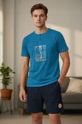 Men’s Blue Henley Neck T-Shirt & Navy Shorts Pajama Set