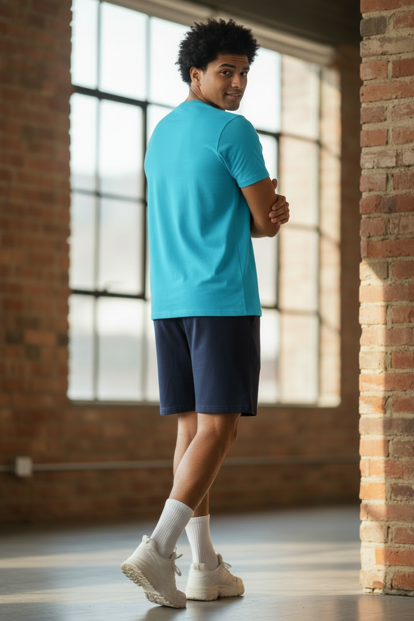 Men’s Blue Henley Neck T-Shirt & Navy Shorts Pajama Set