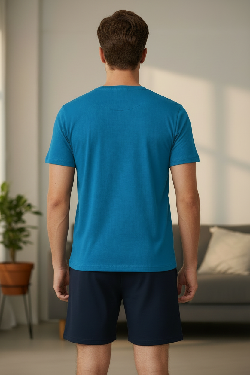 Men’s Blue Henley Neck T-Shirt & Navy Shorts Pajama Set