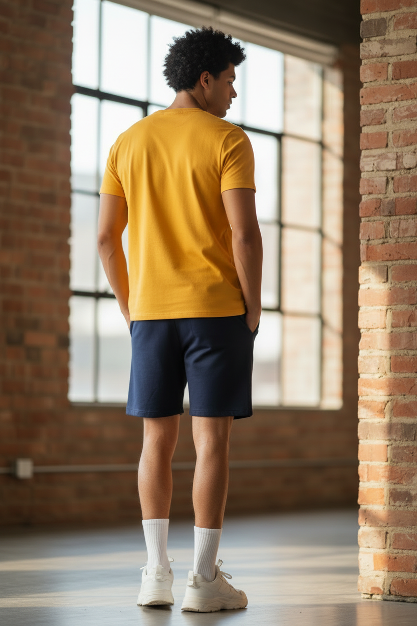 Men’s Yellow Henley Neck T-Shirt & Navy Shorts Pajama Set