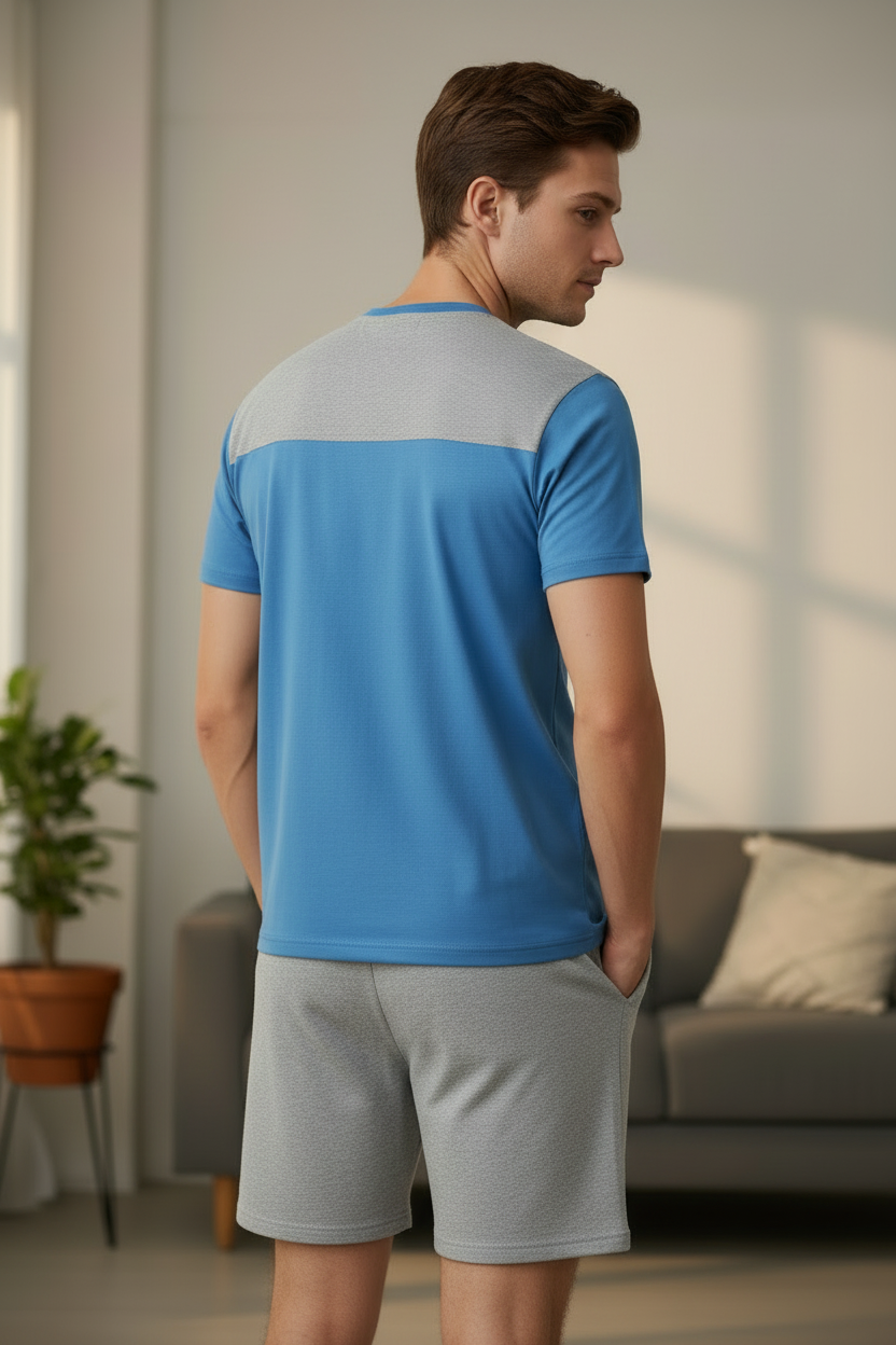 Men’s Blue Henley Neck T-Shirt & Gray Shorts Pajama Set