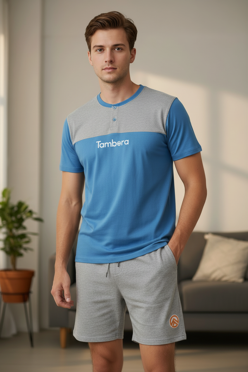 Men’s Blue Henley Neck T-Shirt & Gray Shorts Pajama Set