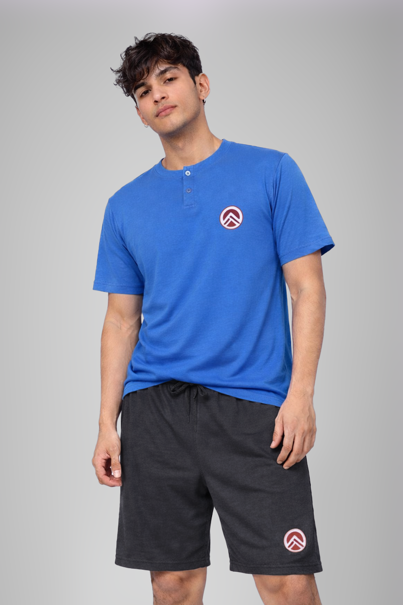 Men’s Blue Henley Neck T-Shirt & Charcoal Grey Shorts Lounge Wear Set