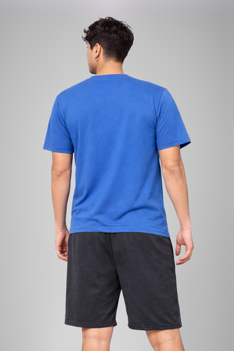 Men’s Blue Henley Neck T-Shirt & Charcoal Grey Shorts Lounge Wear Set