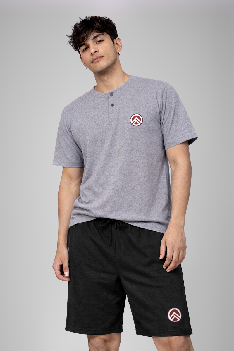 Men’s Grey Melange Henley Neck T-Shirt & Charcoal Grey Shorts Lounge Wear Set