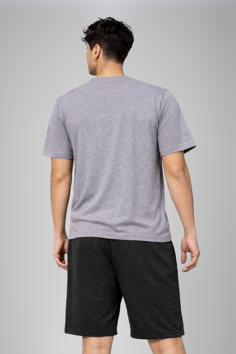 Men’s Grey Melange Henley Neck T-Shirt & Charcoal Grey Shorts Lounge Wear Set