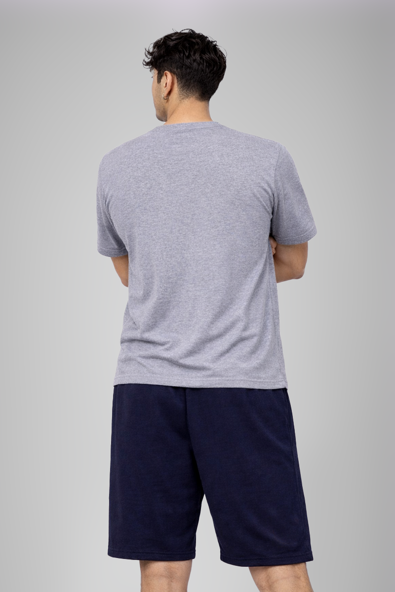 Men’s Grey Melange Henley Neck T-Shirt & Navy Shorts Lounge Wear Set