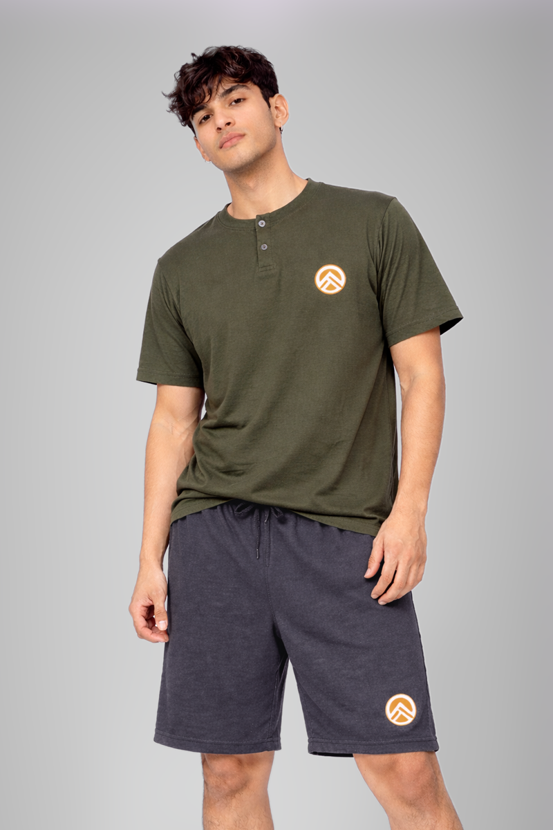 Men’s Blue Henley Neck T-Shirt & Dark Grey Shorts Lounge Wear Set