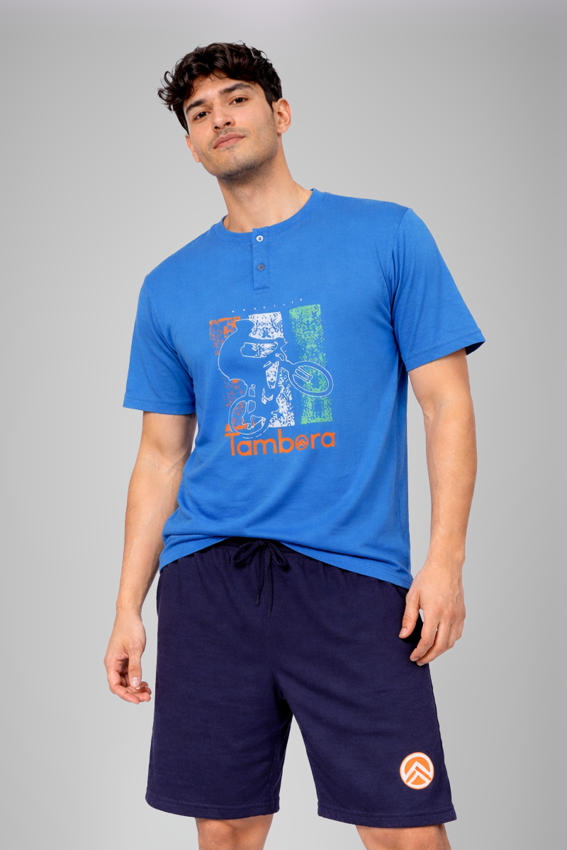 Men’s Blue Graphic Print Henley Neck T-Shirt & Navy Shorts Lounge Wear Set