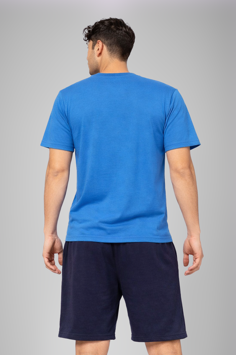 Men’s Blue Graphic Print Henley Neck T-Shirt & Navy Shorts Lounge Wear Set