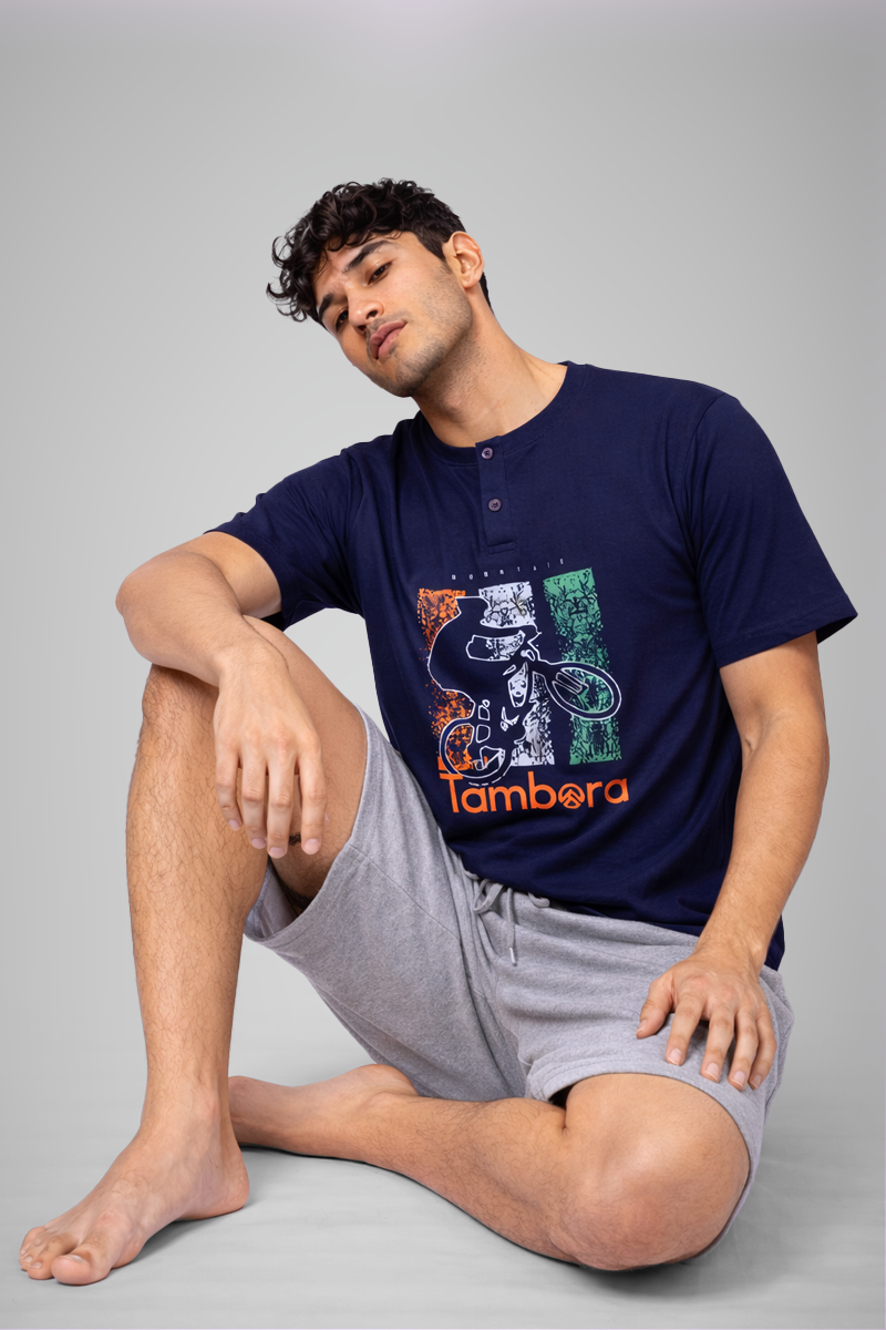 Men’s Navy Blue Graphic Print Henley Neck T-Shirt & Grey Melange Shorts Lounge Wear Set