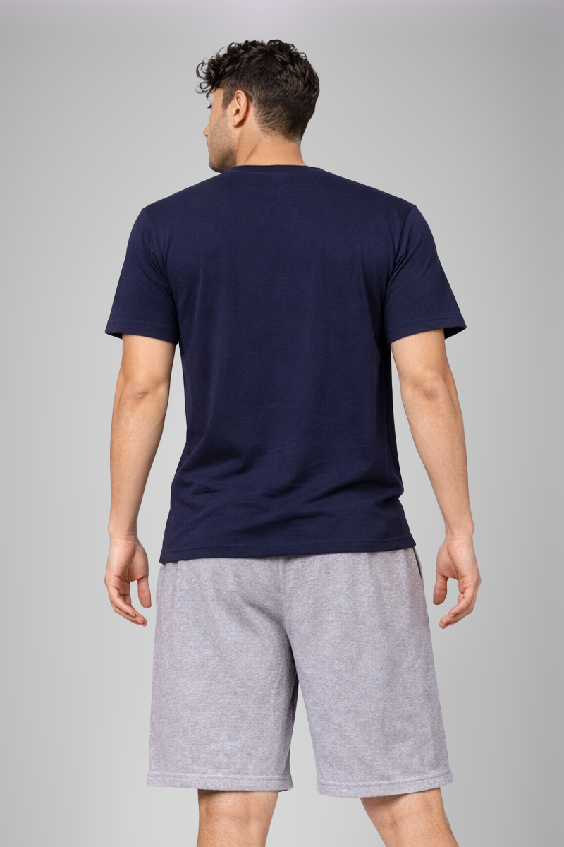 Men’s Navy Blue Graphic Print Henley Neck T-Shirt & Grey Melange Shorts Lounge Wear Set