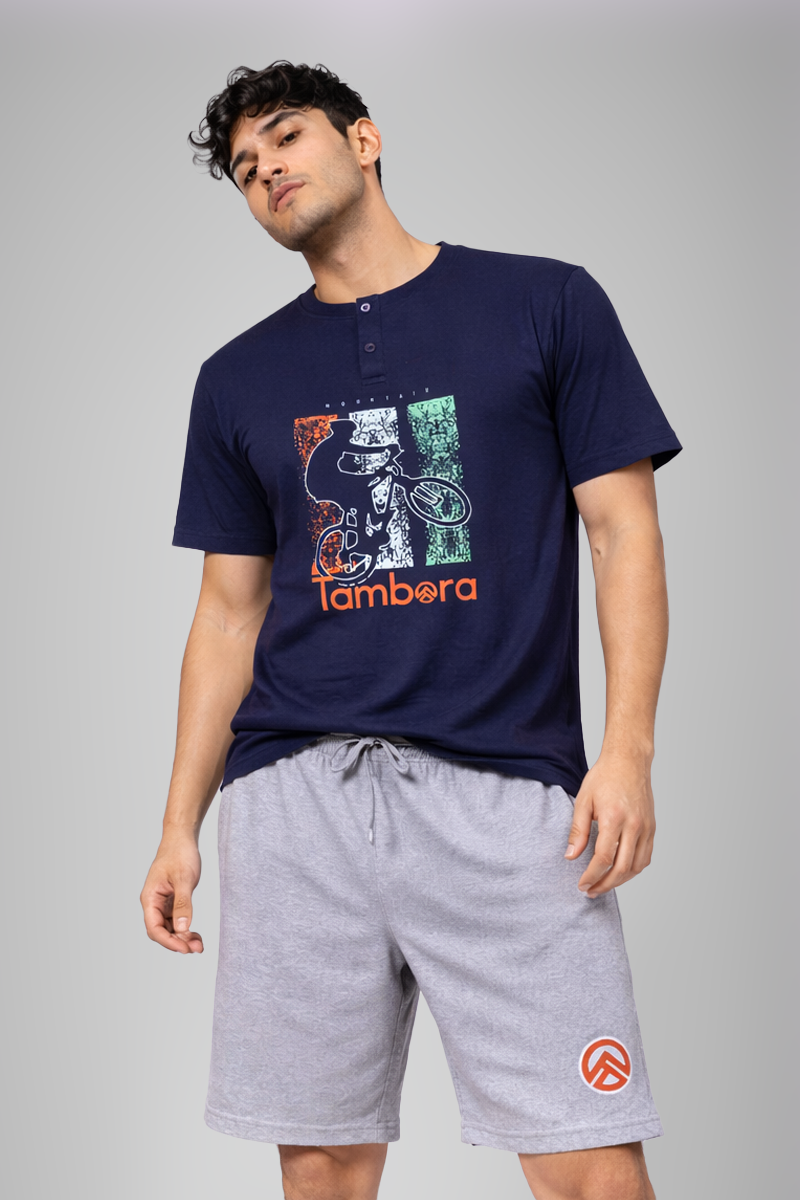 Men’s Navy Blue Graphic Print Henley Neck T-Shirt & Grey Melange Shorts Lounge Wear Set