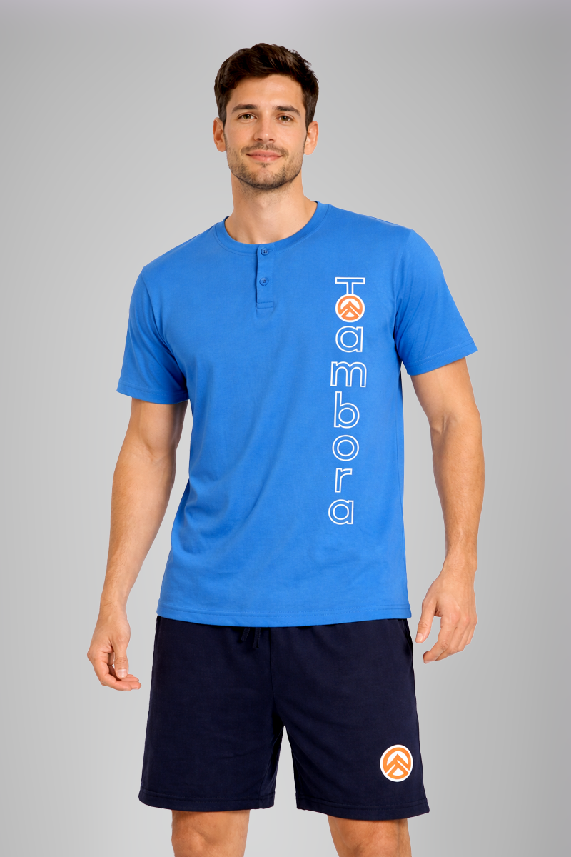 Men’s Blue Vertical Print Henley Neck T-Shirt & Navy Shorts Lounge Wear Set
