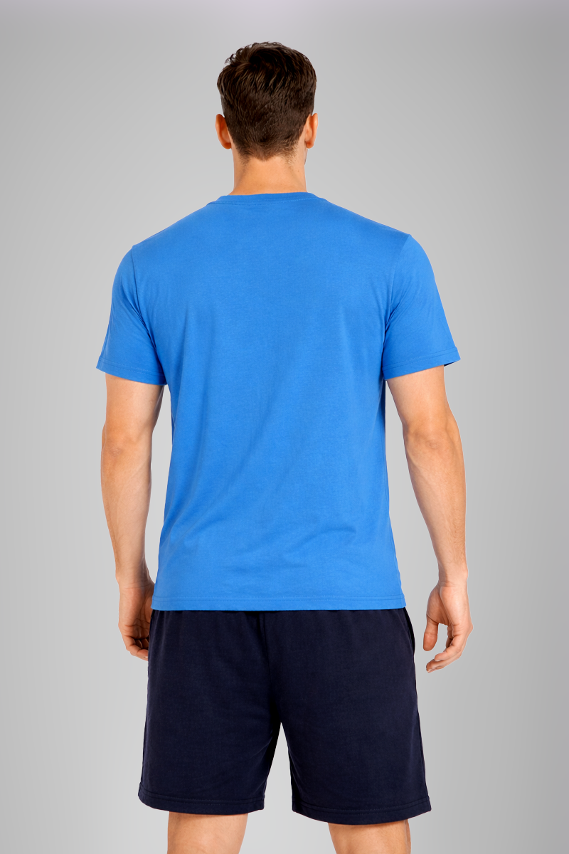 Men’s Blue Vertical Print Henley Neck T-Shirt & Navy Shorts Lounge Wear Set