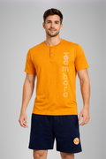 Men’s Yellow Vertical Print Henley Neck T-Shirt & Navy Shorts Lounge Wear Set