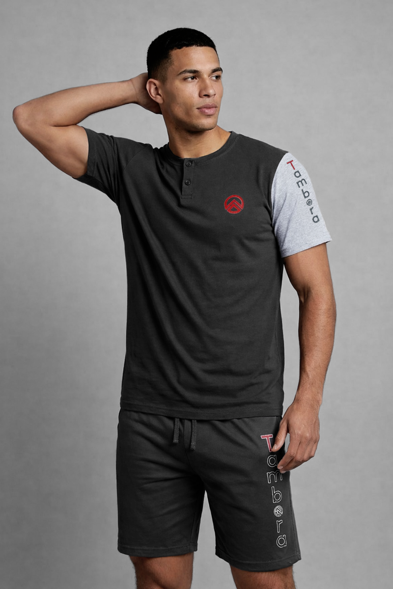 Men’s Charcoal Grey Contrast Henley Neck T-Shirt & Charcoal Grey Shorts Lounge Wear Set