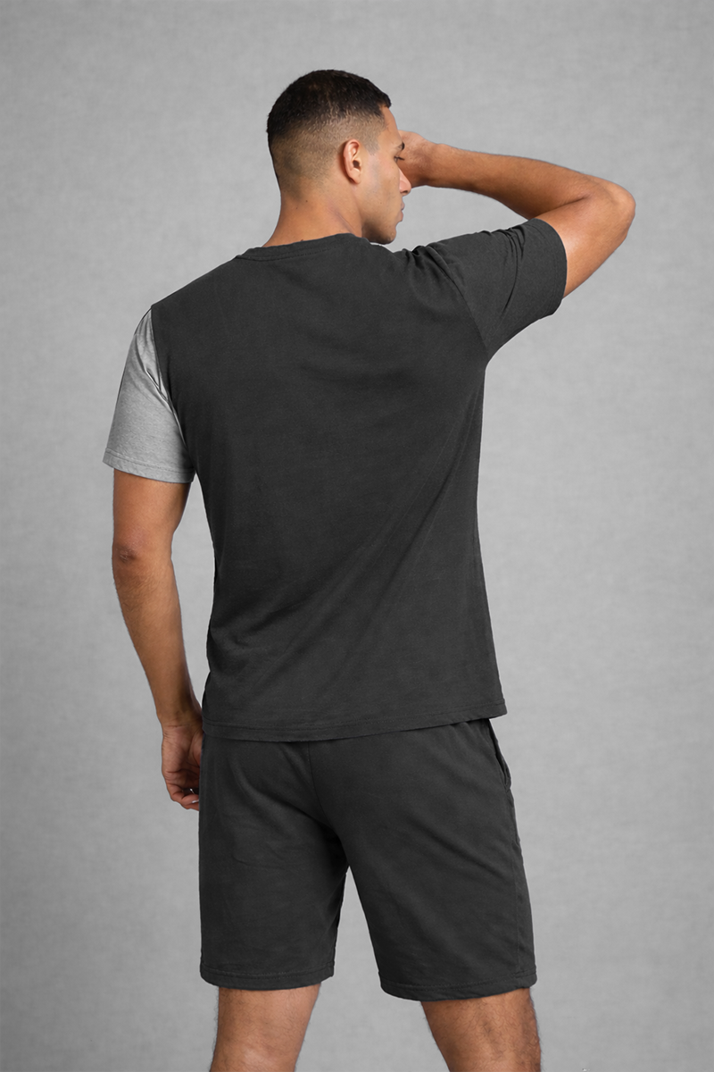 Men’s Charcoal Grey Contrast Henley Neck T-Shirt & Charcoal Grey Shorts Lounge Wear Set