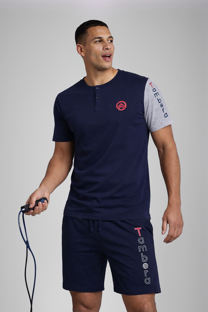Men’s Navy Blue Contrast Sleeve Henley Neck T-Shirt & Navy Blue Shorts Lounge Wear Set