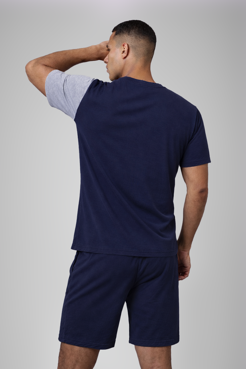 Men’s Navy Blue Contrast Sleeve Henley Neck T-Shirt & Navy Blue Shorts Lounge Wear Set
