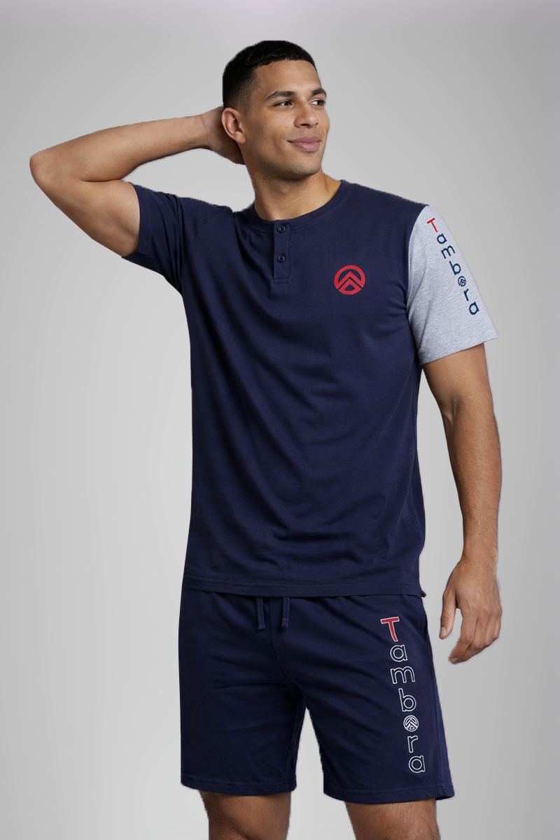 Men’s Navy Blue Contrast Sleeve Henley Neck T-Shirt & Navy Blue Shorts Lounge Wear Set