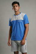 Men’s Blue Cut&Sew Henley Neck T-Shirt & Grey Melange Shorts Lounge Wear Set