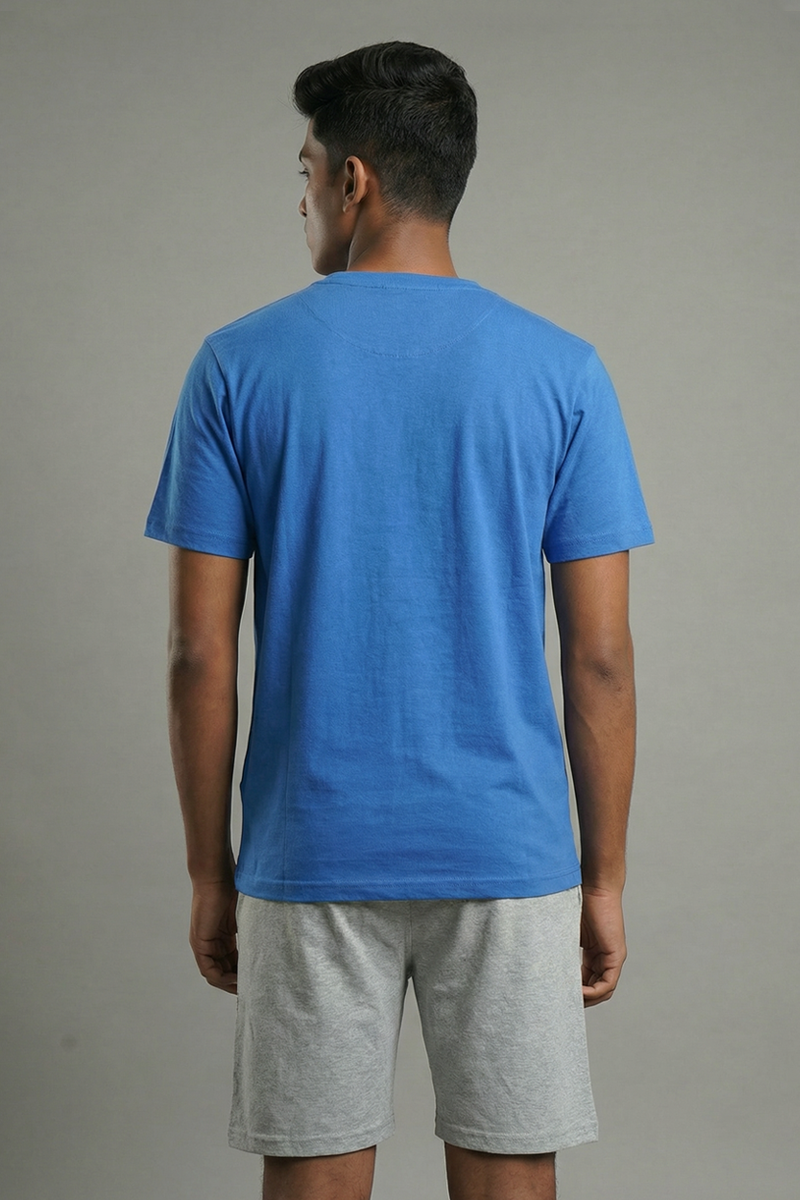 Men’s Blue Cut&Sew Henley Neck T-Shirt & Grey Melange Shorts Lounge Wear Set