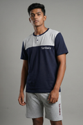 Men’s Navy Cut&Sew Henley Neck T-Shirt & Grey Melange Shorts Lounge Wear Set