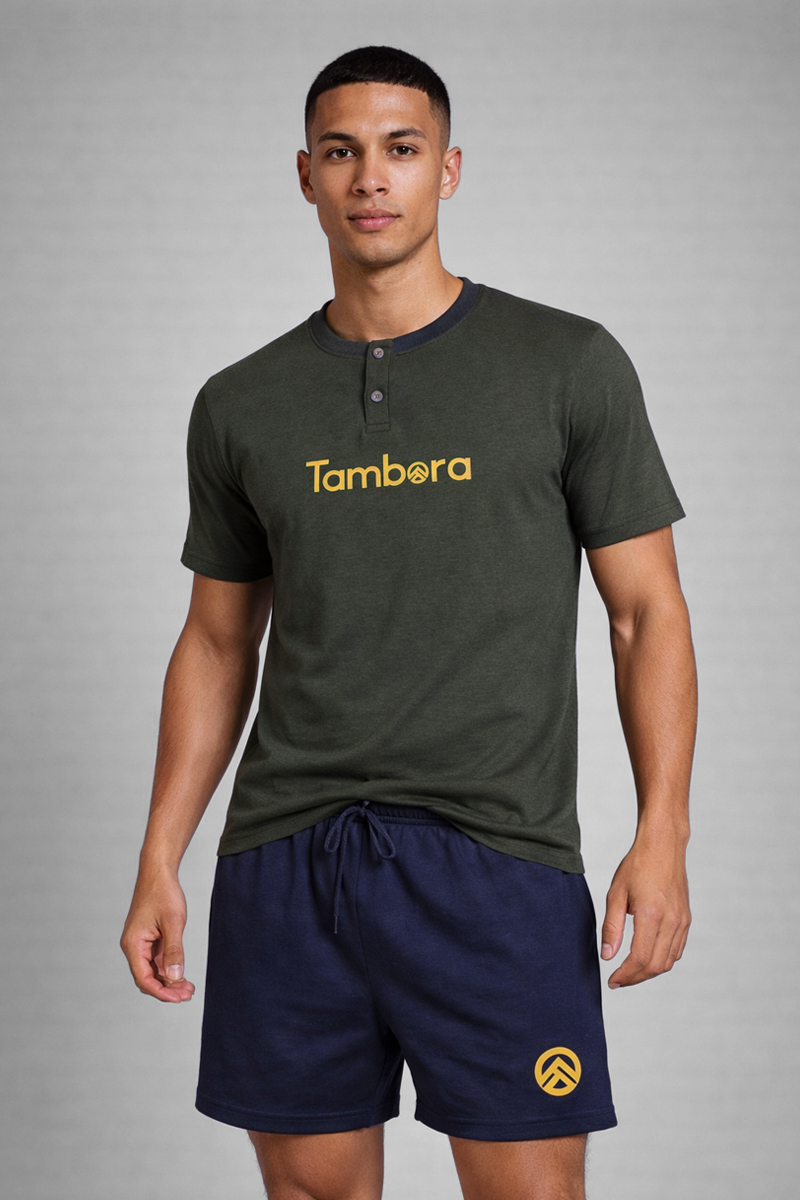 Men’s Olive Green Henley Neck T-Shirt & Navy Shorts Lounge Wear Set