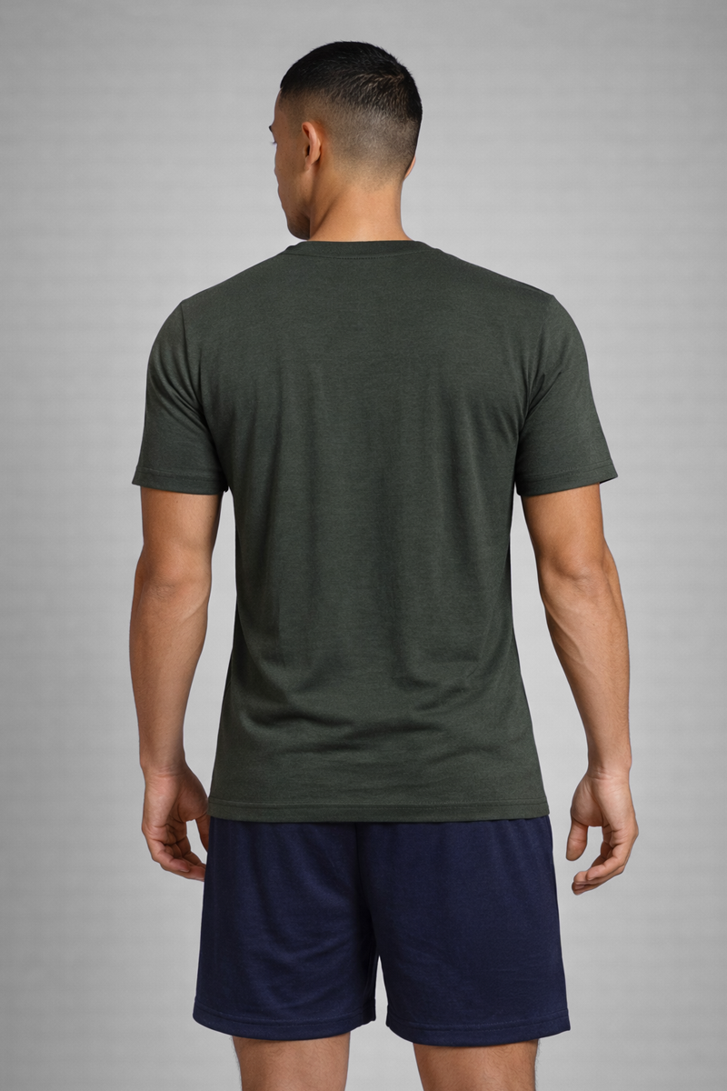 Men’s Olive Green Henley Neck T-Shirt & Navy Shorts Lounge Wear Set