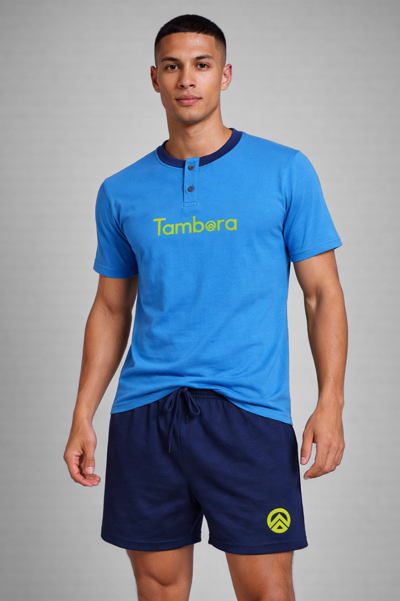 Men’s Blue Henley Neck T-Shirt & Navy Shorts Lounge Wear Set