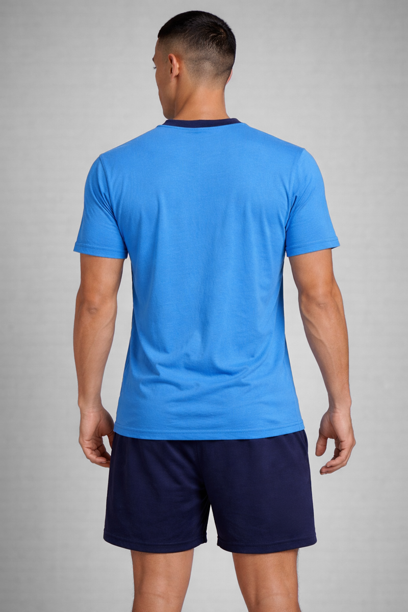Men’s Blue Henley Neck T-Shirt & Navy Shorts Lounge Wear Set