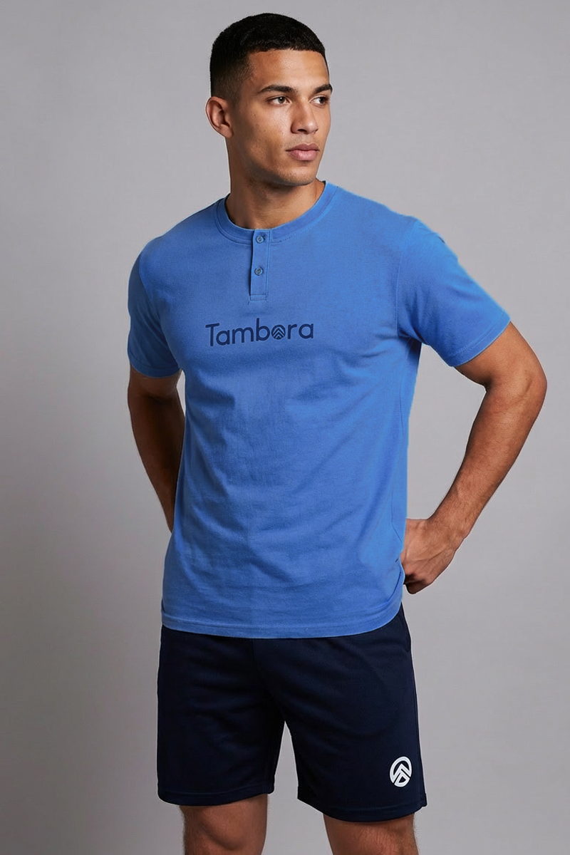 Men’s Blue Henley Neck T-Shirt & Navy Shorts Lounge Wear Set
