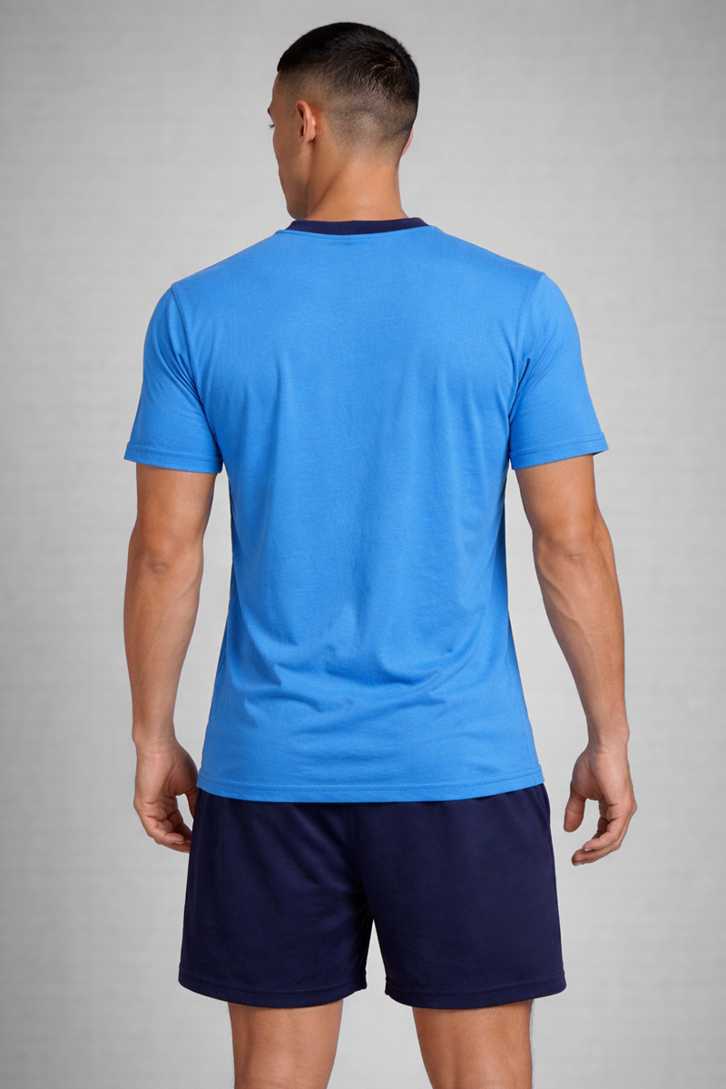 Men’s Blue Henley Bold Neck T-Shirt & Solid Navy Shorts Lounge Wear Set