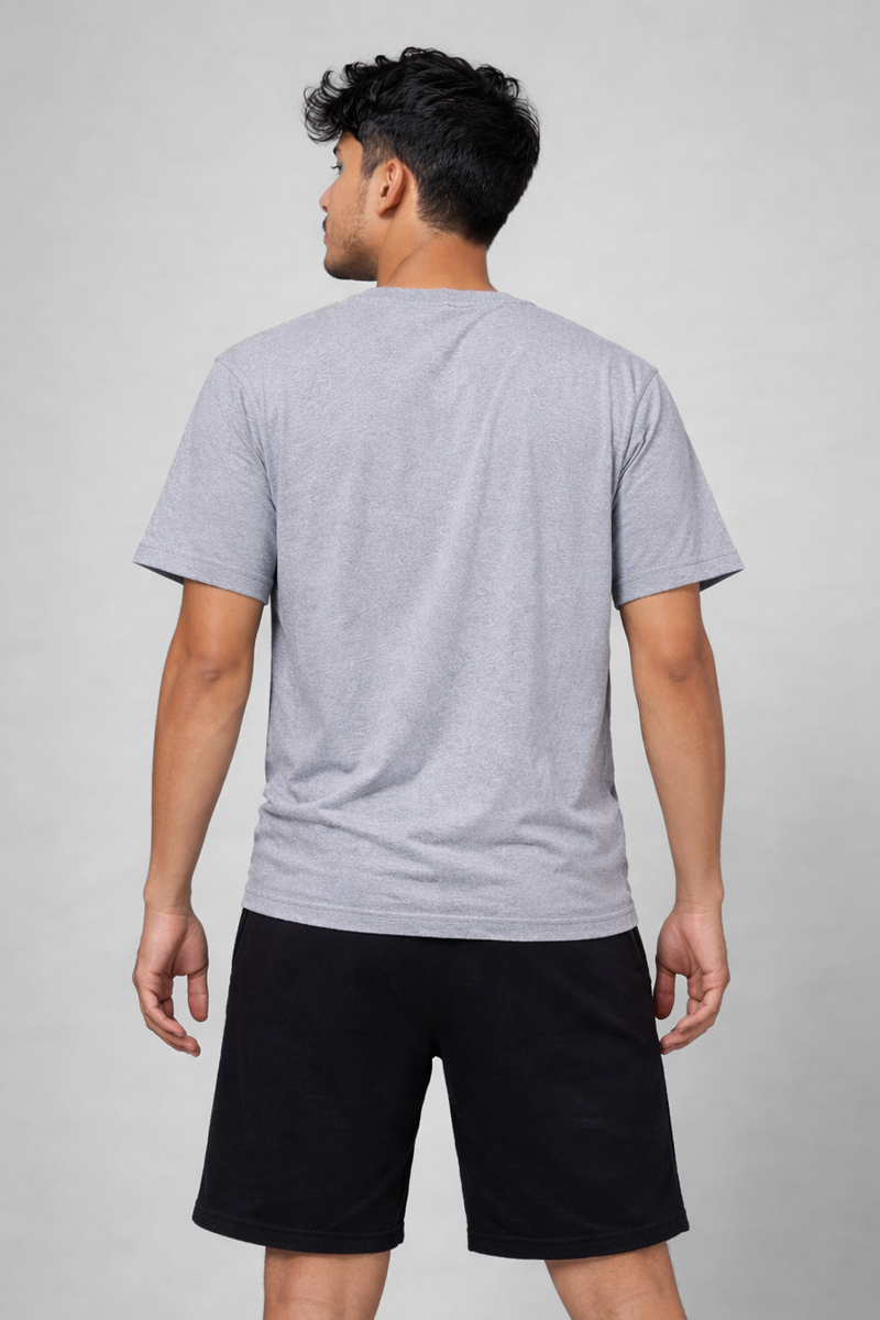 Men’s Grey Melange Henley Neck T-Shirt & Black Shorts Lounge Wear Set