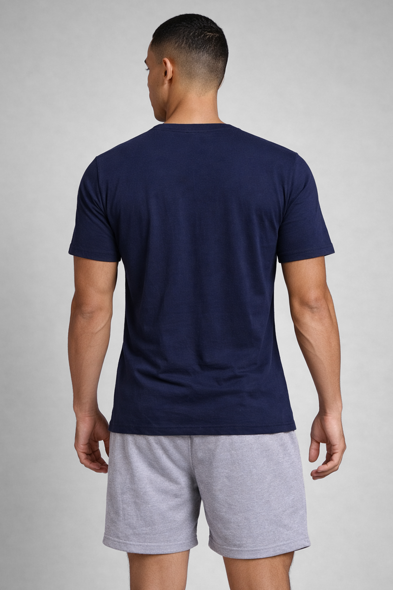 Men’s Navy Henley Neck T-Shirt & Grey Melange Shorts Lounge Wear Set