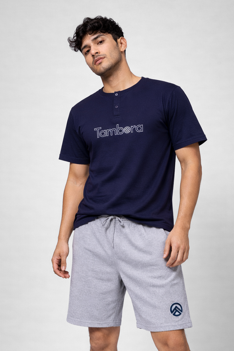 Men’s Navy Henley Neck T-Shirt & Grey Melange Shorts Lounge Wear Set