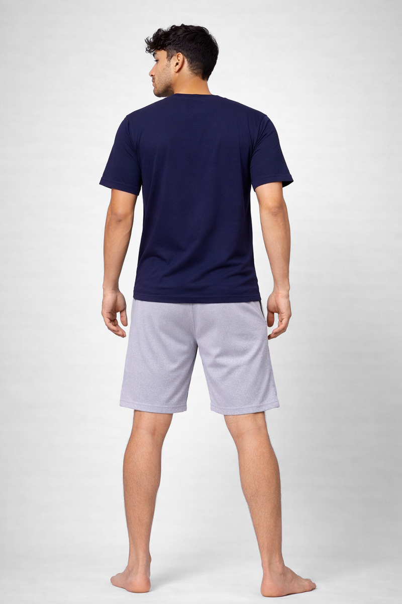 Men’s Navy Henley Neck T-Shirt & Grey Melange Shorts Lounge Wear Set