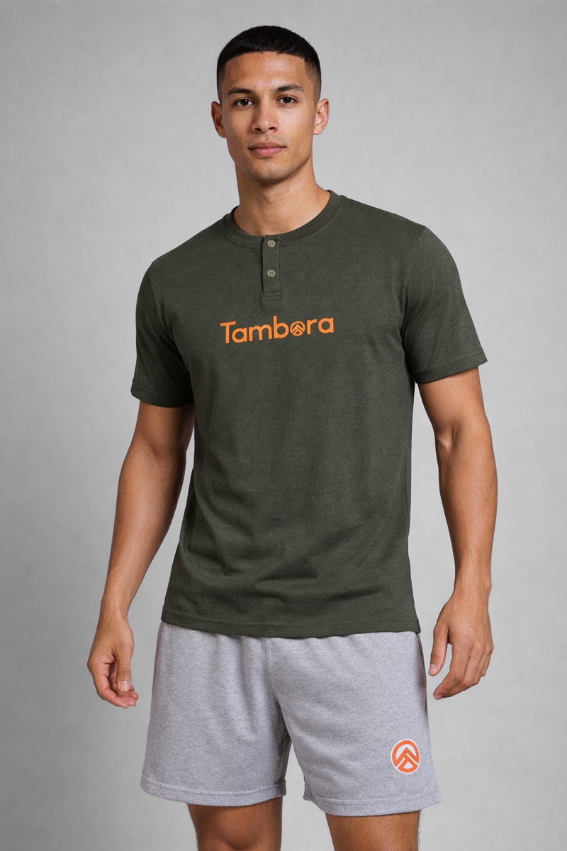 Men’s Olive Green Henley Neck T-Shirt & Grey Melange Shorts Lounge Wear Set