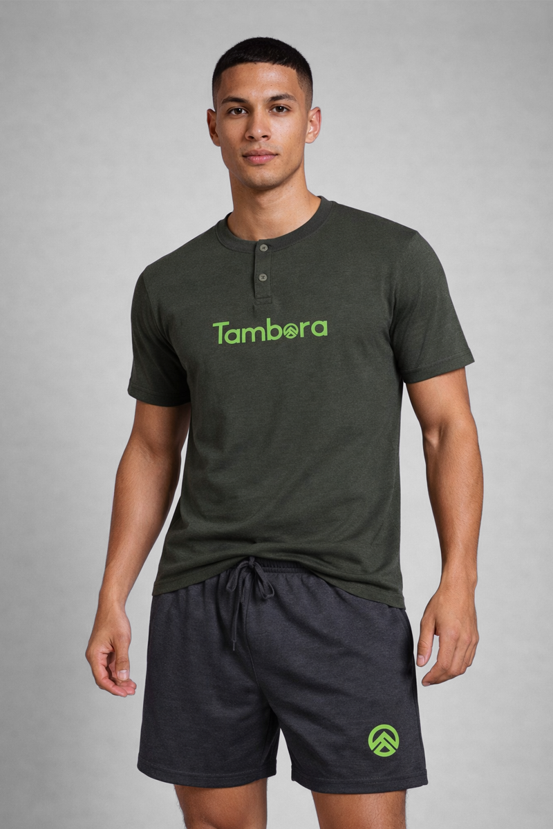 Men’s Olive Green Henley Neck T-Shirt & Charcoal Melange Shorts Lounge Wear Set