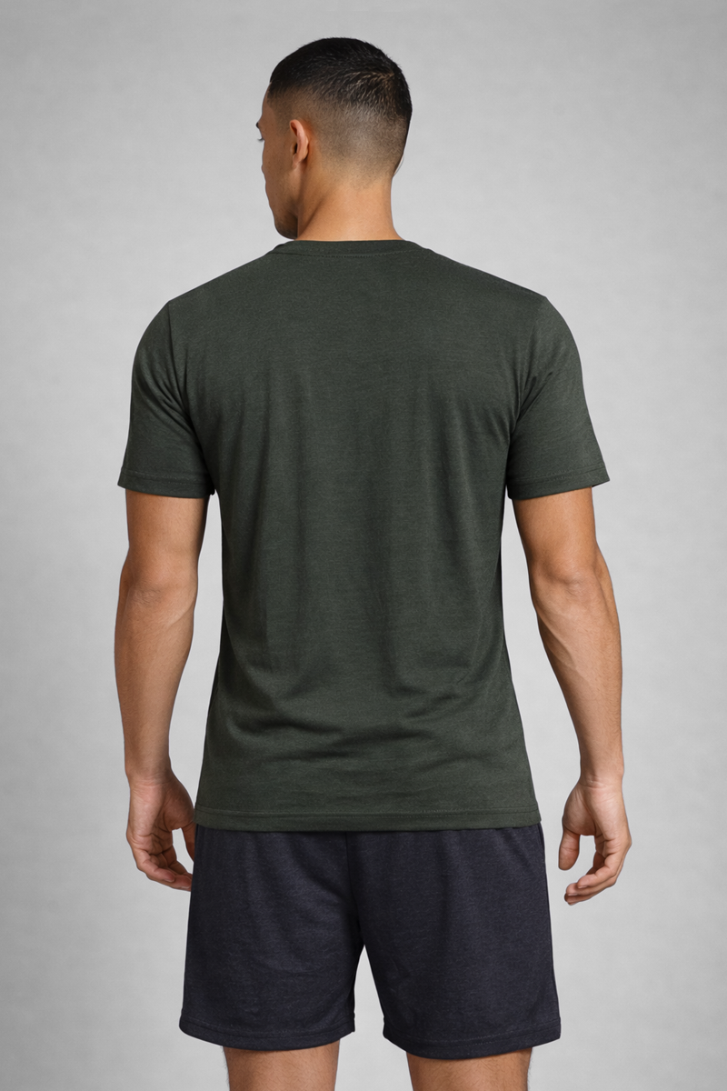 Men’s Olive Green Henley Neck T-Shirt & Charcoal Melange Shorts Lounge Wear Set