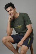Men’s Olive Graphic Print Henley Neck T-Shirt & Charcoal Grey Shorts Lounge Wear Set
