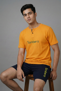 Men’s Yellow Graphic Print Henley Neck T-Shirt & Navy Shorts Lounge Wear Set